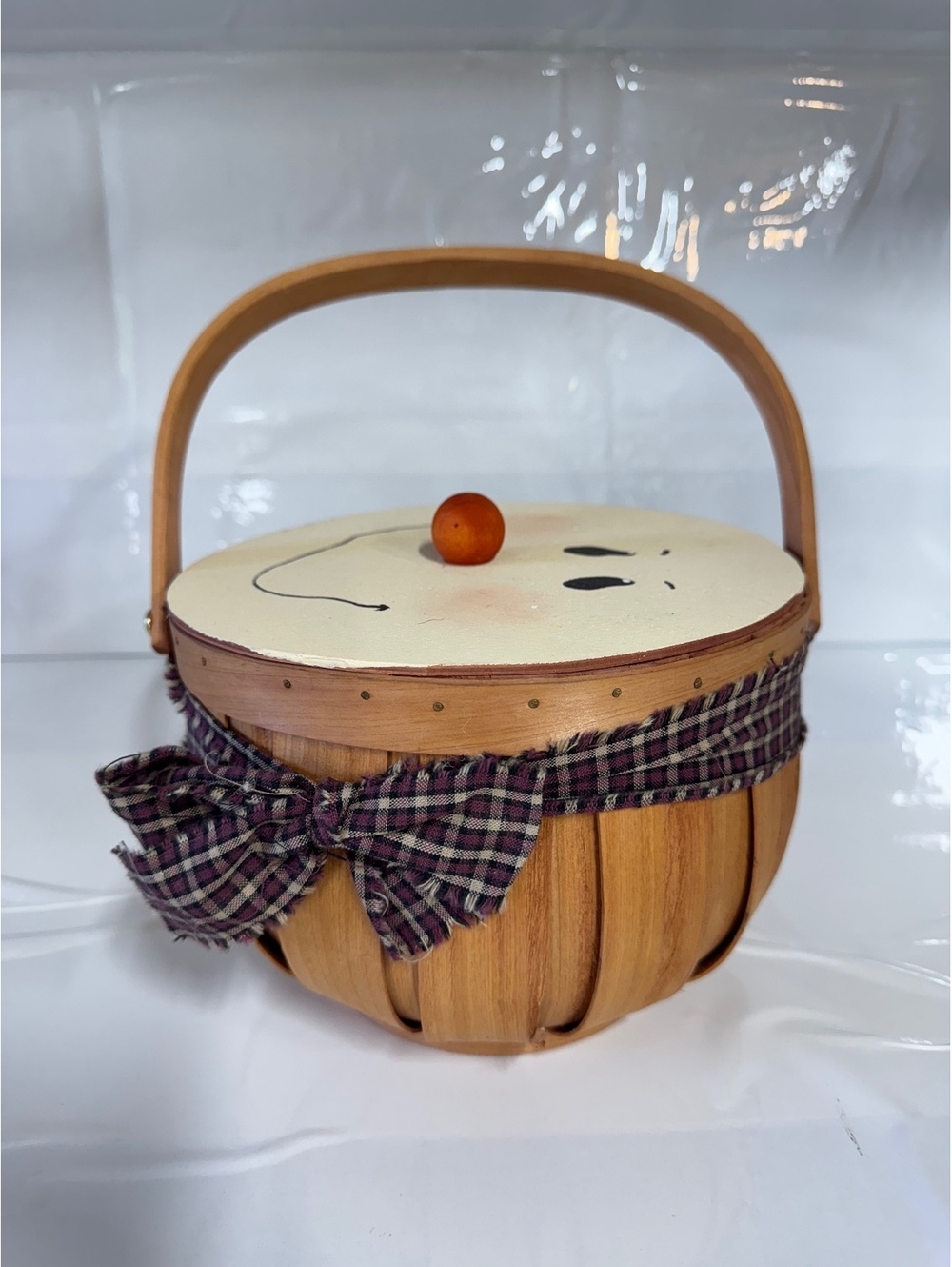 Handmade Wooden Basket with Painted Lid and Plaid Bow Accent